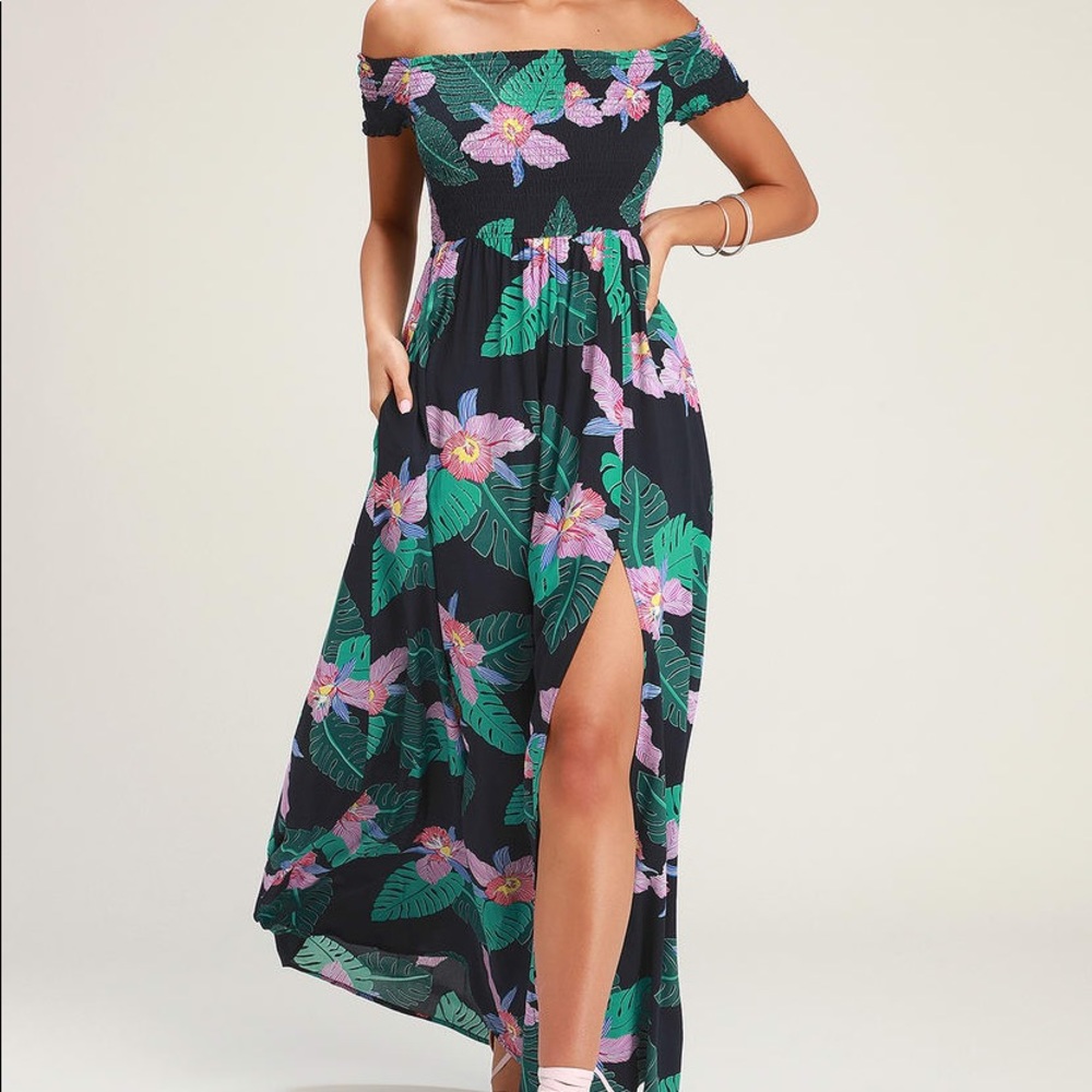 Lulu’s Navy Floral Print Off the Shoulder Dress
